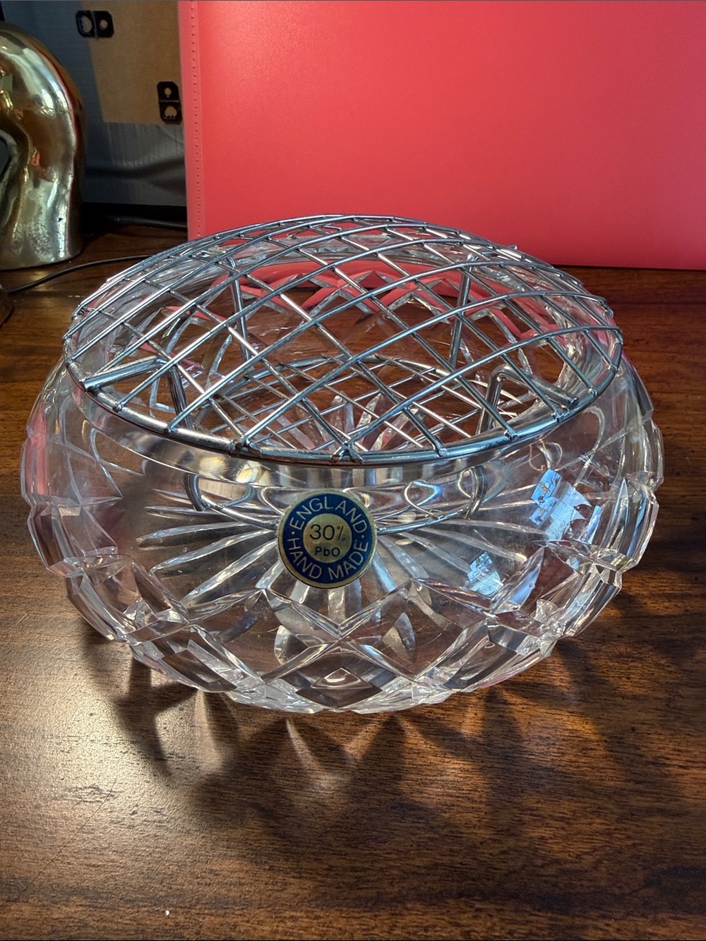 Handmade England Crystal Bowl with Silver Tone Grid Top - Clear